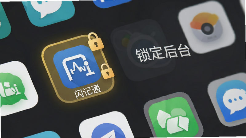 手机后台管理界面示意图,显示多个应用卡片,其中“闪记通”图标被高亮锁定,旁边有一个锁形图标,背景为深灰色,风格简洁现代,文字“锁定后台”清晰可见,高清UI截图,无其他应用干扰,细节清晰