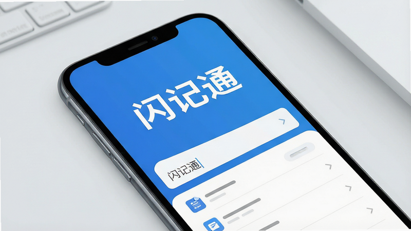 一张展示闪记通应用主界面的高质量UI设计图,主体为手机屏幕,背景为干净的浅灰色办公桌面,屏幕中央显示“闪记通”三个白色大字Logo,下方有简洁的输入框和列表项,界面采用扁平化设计,色调为科技蓝与白色,排版整洁有序,无多余装饰,高清矢量风格,细节清晰,画质极佳,无水印
