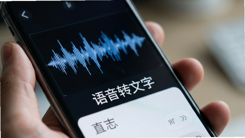 特写镜头展示一只手拿着手机,手机屏幕上显示语音波形图和正在生成的文字,背景虚化,突出屏幕内容,文字“语音转文字”清晰可见,风格写实且科技感强,光线柔和,聚焦于屏幕细节,高清摄影质感,无噪点,无多余手指遮挡