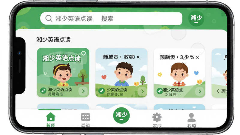 主体为智能手机屏幕界面,显示“湘少英语点读”应用首页,布局清晰分为顶部搜索栏、中部教材列表卡片、底部功能导航栏。排版采用扁平化设计,风格简洁现代,细节处有绿色主色调点缀,画质高清,干净无多余元素,无水印,文字清晰可见“湘少英语点读”
