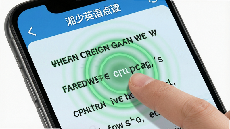 主体为手机屏幕特写,展示“湘少英语点读”APP的点读交互界面。布局上,屏幕中央显示英语课文文本,手指正点击其中一个单词,周围泛起绿色涟漪效果,表示正在朗读。排版紧凑,风格科技感强,细节展示波纹动画效果,画质清晰,干净,无多余元素,文字清晰显示英文句子
