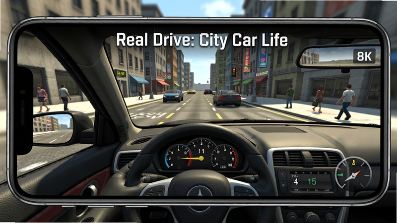 ����Ϊ�ִ������ֻ���Ļ����ʾReal Drive: City Car Life��Ϸ���棬����Ϊȫ����ʻ�ӽǣ��Ű����������дʵ���壬ϸ�ڰ������нֵ��������Ǳ��̡���Χ���ˣ�����8K���ɾ����޶���Ԫ�أ�����