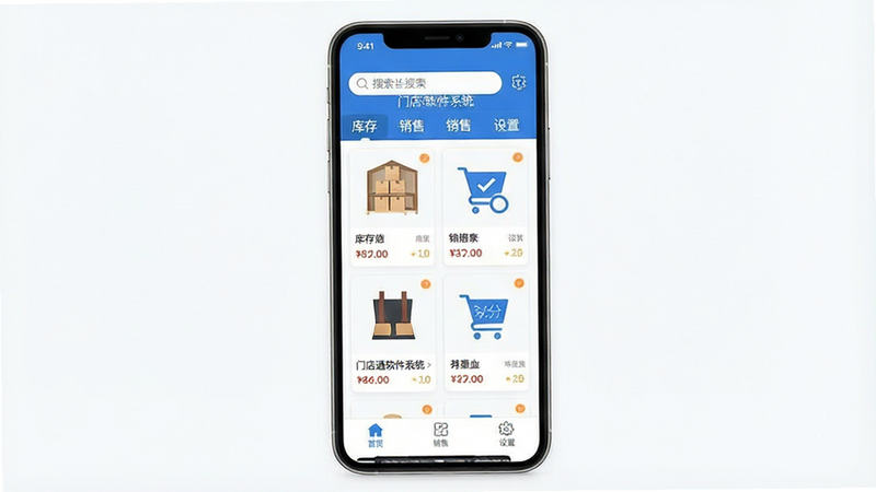 一张现代简约风格的手机应用界面展示图,主体为一部智能手机屏幕,屏幕上显示着“门店通软件系统”的主界面,布局清晰,顶部有搜索栏和分类标签,中间是商品列表卡片,包含缩略图和价格,底部是导航栏,整体色调为蓝白配色,风格扁平化,细节丰富,画质高清,干净无多余元素,文字内容包含“门店通软件系统”、“库存”、“销售”、“设置”等中文标签。