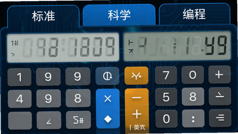 超实用计算器多模式切换界面,主体为顶部选项卡显示标准、科学、编程标签,布局横向排列,排版紧凑有序,风格科技感蓝色调,细节展示不同模式下的按键差异,画质锐利,无杂乱背景