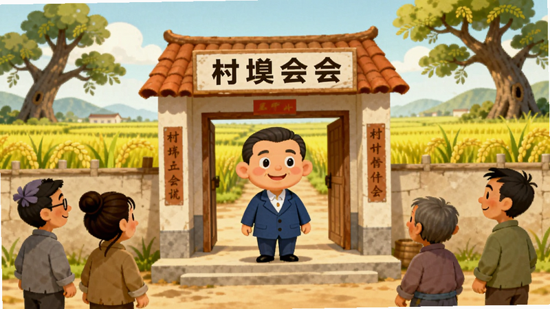 ����һ�������Ϊ�����Ĳ廭���ͼƬ��������һ��������ɫ��װ�Ŀ�ͨ�峤����վ�ڴ�ί����ſڣ���Χ�м�λ������Χ�ۣ������ǽ��ɫ�ĵ���ͼ����ϻ�����ɫ����ů�������Ű��࣬ϸ�ڷḻ�������������ɾ��޶���Ԫ��