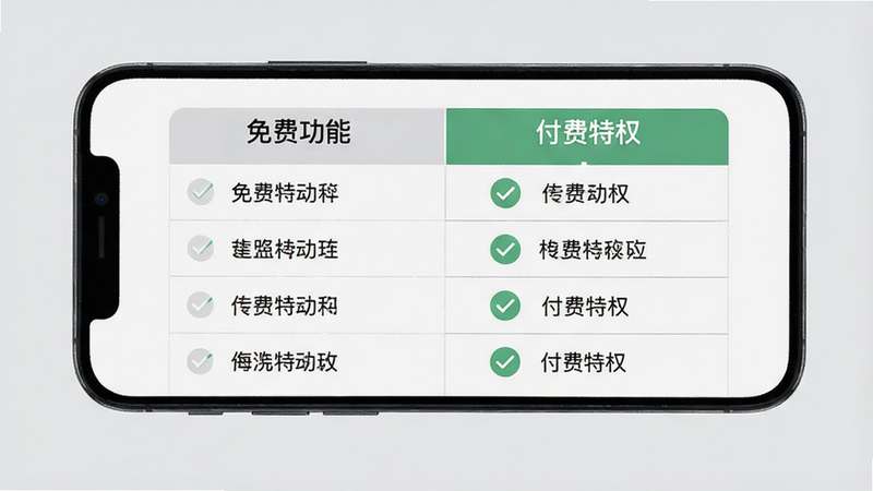 主体为手机屏幕展示的功能对比表,左侧列“免费功能”,右侧列“付费特权”,布局左右分栏,排版表格化,风格简洁明了,细节展示对勾图标,高清画质,背景浅灰,无多余文字