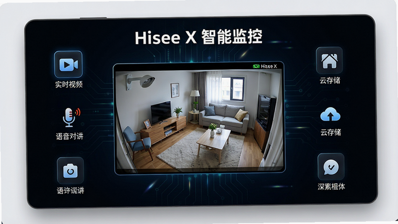 主体为 Hisee X 安卓应用界面,布局采用深色科技风背景,中央突出显示高清监控画面预览窗口,周围环绕着简洁的功能图标如“实时视频”、“语音对讲”、“云存储”,排版清晰有序,风格现代简约,细节处体现光影质感,画质4K,干净无多余元素,文字“Hisee X 智能监控”加粗显示