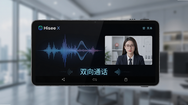 主体为 Hisee X 语音对讲界面,布局展示声波动画与视频画面,风格科技感强,细节表现声音波动的视觉效果,背景模糊处理以突出主体,画质细腻,干净简洁,文字“双向通话”醒目展示