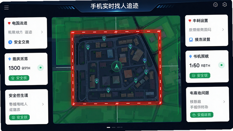 主体为电子围栏设置界面,布局中心地图周围环绕设置卡片,排版对称,风格现代UI,细节显示红色警戒线与绿色安全区,画质高保真,干净,无多余元素,文字显示
