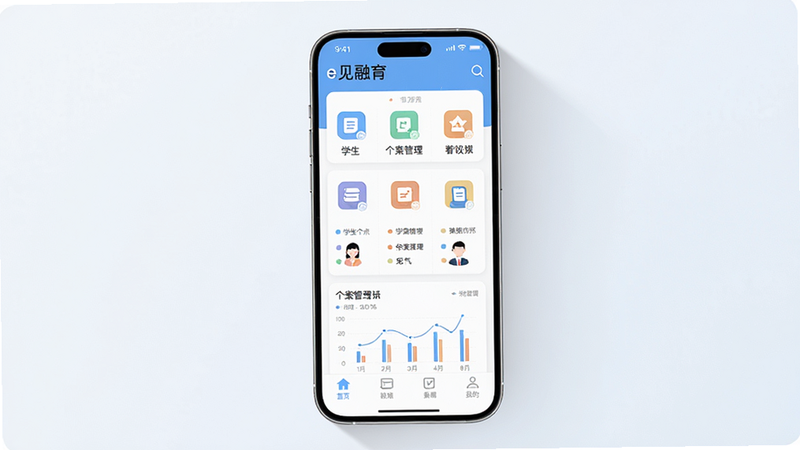 主体为e见融育教师端APP手机应用界面,布局清晰分为顶部状态栏、中部功能图标区与底部导航栏,排版采用扁平化设计,风格简约现代,细节展示学生个案卡片与数据图表,画质高清8k,干净无多余元素,文字包含
