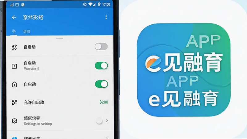 主体为安卓手机设置界面与APP图标,布局左侧为手机系统设置菜单,右侧为e见融育APP图标,排版对比鲜明,风格科技感,细节显示“自启动”开关为开启状态,画质清晰,干净背景,文字包含
