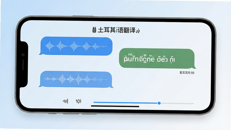土耳其语翻译应用界面全景图,主体为手机屏幕显示的中土双语对话气泡,左侧中文右侧土耳其语,背景为柔和的蓝白色渐变,布局清晰,排版整齐,风格现代简约,细节处显示语音波形和文字识别进度条,画质高清,干净,无多余元素,文字加引号