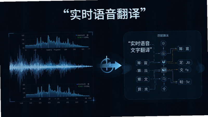 智能语音识别技术示意图,主体为声波转化为文字的过程,布局为从左至右的流程式排列,风格科技感强,细节显示声波频率分析和文字匹配算法,画质清晰,干净,无多余元素,文字加引号