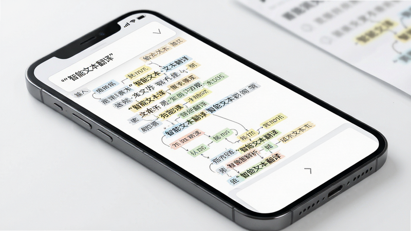 文本智能解析界面预览,主体为手机屏幕显示长段文本翻译,布局分为输入框和结果框,风格简洁商务,细节显示高亮关键词和语法结构标注,画质高清,干净,无多余元素,文字加引号