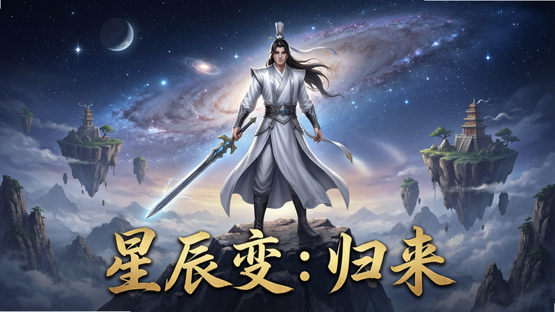 生成一张《星辰变:归来》游戏主视觉海报,主体为身穿白色长袍的男性角色手持长剑立于高山之巅,背景是璀璨星空与漂浮的仙岛,布局居中对称,排版简洁大气,风格为东方玄幻写实风,细节丰富,画质8k高清,干净无多余元素,文字“星辰变:归来”以金色书法字体醒目展示在底部
