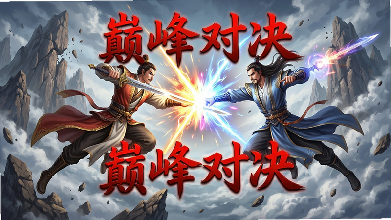 生成一张游戏PVP战斗场景图,主体为两名修士在空中激烈交锋,剑光与法术特效交织,背景是破碎的山峰与翻涌的云海,布局动态感强,中心聚焦于碰撞点,风格为热血玄幻风,细节爆发力强,画质8k,干净无多余UI遮挡,文字“巅峰对决”以红色特效字呈现