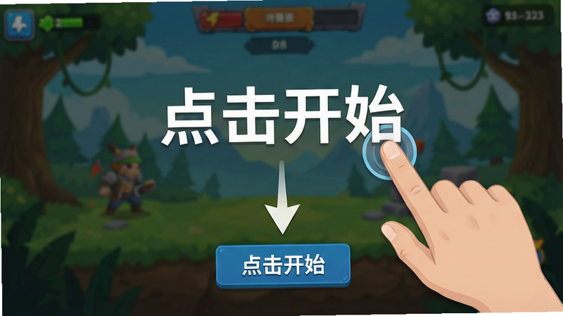 生成一张游戏新手教程界面图,主体为手指点击屏幕引导操作,背景为游戏主界面,布局清晰,箭头指引明确,风格为简洁UI风,细节清晰,画质高清,干净无多余装饰,文字“点击开始”清晰可见