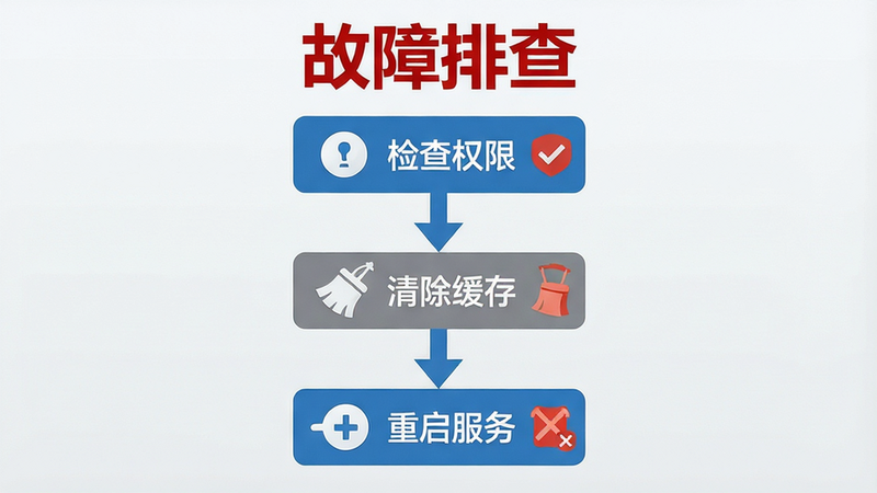 主体为手机端故障排除流程图,布局为自上而下的步骤图,包含“检查权限”、“清除缓存”、“重启服务”三个节点,节点间用箭头连接,风格为简洁图标化设计,颜色以蓝色和灰色为主,细节处包含对勾和叉号标识,画质清晰,干净无多余元素,文字“故障排查”以醒目红色显示在顶部