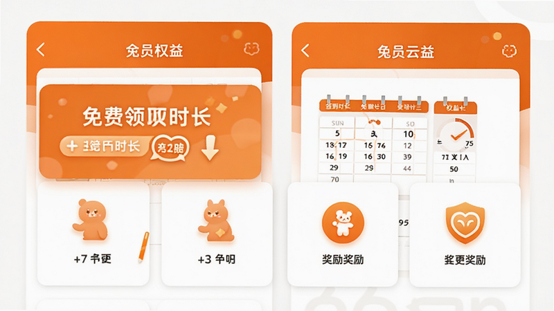 ����Ϊ�ý���APP�ڵĻ�ԱȨ��ҳ�棬����Ϊ��Ƭʽչʾ���ʱ����ȡ��ڣ��Ű�������Ŀ�����Ϊ��ɫ���ɫ���䣬ϸ��չʾǩ������������ͼ�꣬�����������ɾ������ҹ�棬������ʾ�������ʱ����