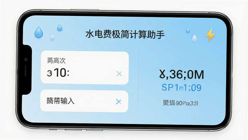 一张干净明亮的手机界面展示图,主体为“水电费极简计算助手”APP首页,布局清晰,左侧显示输入框,右侧显示实时计算结果,背景为浅蓝色渐变,风格简约现代,细节处有微小的水滴和闪电图标点缀,画质高清,干净,无多余元素