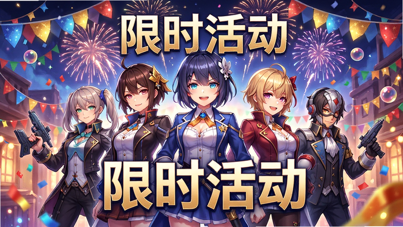《碧蓝航线》活动预告海报风格,画面中心是多位角色组成的群像,背景为绚丽的节日装饰与烟花,布局充满动感,色彩鲜艳饱和,风格为节日庆典插画,细节丰富,文字“限时活动”醒目,画质极高,干净利落