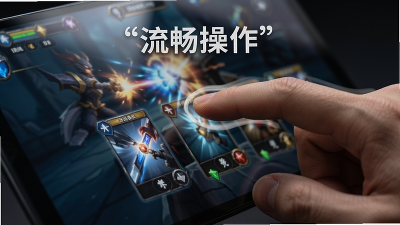 主体为手指点击屏幕的动作特写,屏幕显示战斗特效,布局聚焦指尖与卡牌,排版紧凑,风格为实景合成风,细节展示屏幕反光与手势轨迹,画质真实,干净深色背景,文字