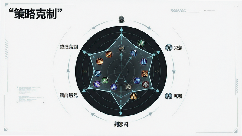 主体为战术分析界面,显示英雄克制关系图,布局为圆形雷达图,排版逻辑清晰,风格为科技极简风,细节包含箭头连接与技能图标,画质清晰,干净白色背景,文字
