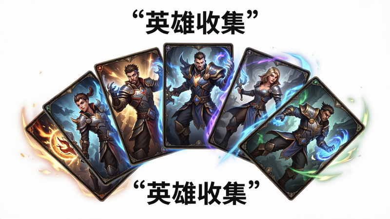 主体为多张悬浮的卡牌,展示不同英雄角色形象,布局呈扇形展开,排版富有动感,风格为游戏宣传海报风,细节展示角色技能光效,画质细腻,干净背景,文字