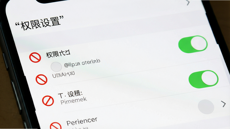 主体为手机设置界面截图,显示权限管理列表,布局清晰展示开关状态,排版标准系统风格,细节包含红色禁止图标,画质清晰,干净白色背景,文字