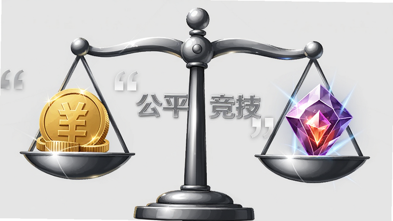 主体为天平图标,两侧分别放置金币与技能宝石,布局平衡对称,排版居中,风格为商务简约风,细节展示光泽质感,画质高级,干净灰色背景,文字