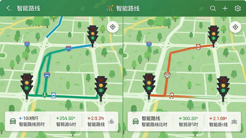 ����Ϊ����·�߹滮���棬����Ϊ��ͼ�ӽ��µĶ�����ѡ·�߶Աȣ��Ű�Ϊ���ҷ�����ʾ��ͬ·�ߺ�ʱ�����Ϊ��ɫ��̬��ͼ���ϸ��չʾ���̵Ƶ���ʱͼ�꣬���ʸ��壬�ɾ��޶���Ԫ�أ����ְ���������·�ߡ�
