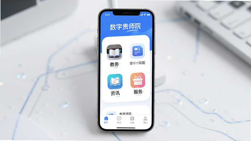 主体为“数字贵师院”App的手机界面展示图,布局清晰,顶部显示应用名称,中间展示核心功能图标如教务、资讯、服务,底部导航栏简洁,风格为现代简约科技风,细节处体现UI设计的精致感,画质高清,干净无多余元素,文字“数字贵师院”清晰可见