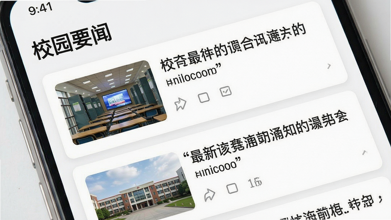 主体为手机资讯列表界面,标题为“校园要闻”,布局采用卡片式设计,风格为新闻资讯风,细节展示新闻缩略图与标题,画质清晰,干净,文字“最新通知”加引号