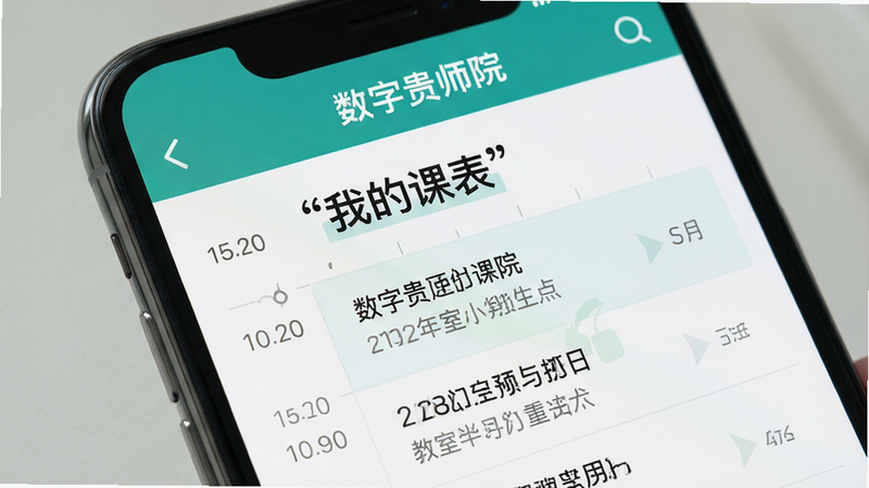 主体为手机屏幕特写,显示“数字贵师院”内的课程表界面,布局规整,时间轴清晰,风格为清新教育风,细节展示课程名称、教室位置,画质逼真,干净,文字“我的课表”加引号