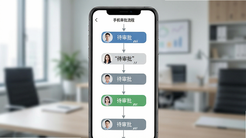 主体为手机审批流程界面,显示流程节点,布局为垂直流程图,风格为商务办公风,细节展示审批人与状态,画质精致,干净,文字“待审批”加引号