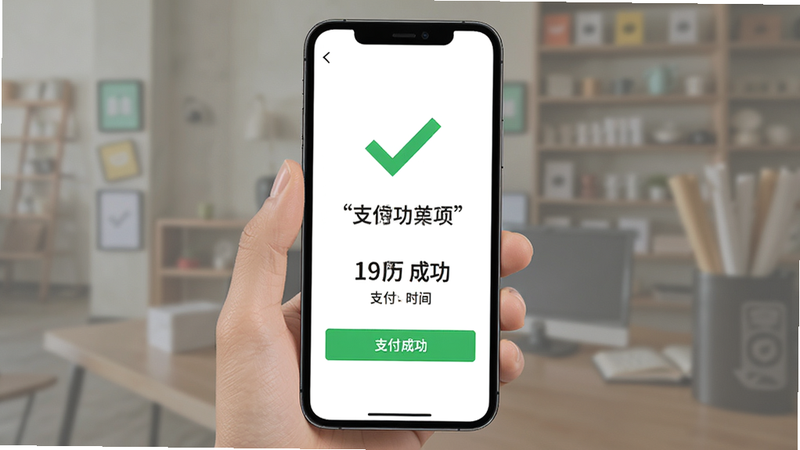 主体为手机支付成功界面,显示绿色对勾,布局居中,风格为扁平化设计,细节展示金额与支付时间,画质高清,干净,文字“支付成功”加引号