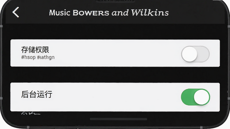 �ֻ����ý���ʾ��ͼ������Ϊ Music Bowers and Wilkins Ȩ�޹���ҳ�棬���ִ�ֱ�������Ű����������ϵͳԭ�� UI��ϸ��չʾ���洢Ȩ�ޡ��͡���̨���С�����״̬�������������޶��൯��