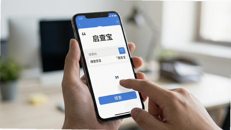 手机手持操作场景图,一只手握着智能手机,屏幕显示“启查宝”APP的搜索界面,手指正在点击搜索按钮,背景虚化办公环境,光线柔和,布局自然,风格写实摄影,细节清晰,画质高清,无多余杂物,文字“搜索”加引号