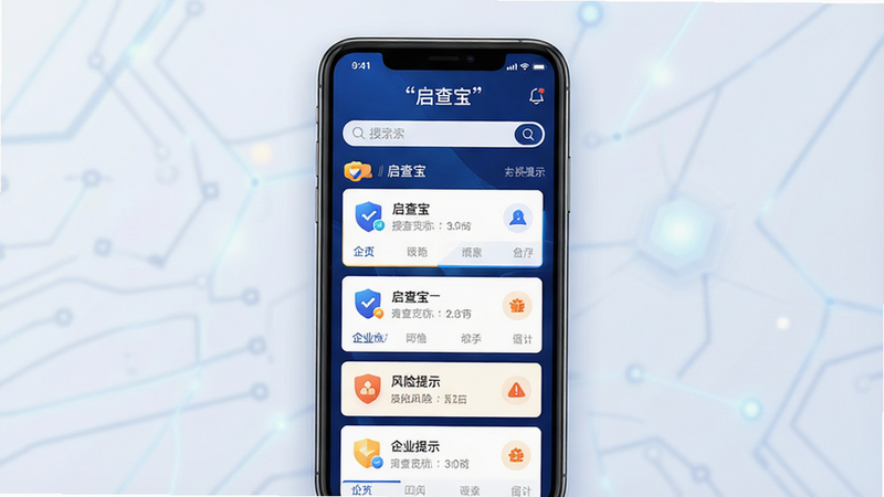 一张现代科技感极强的移动端应用界面预览图,主体为深蓝色背景,中央展示“启查宝”APP的高保真UI设计,包含搜索框、企业卡片列表、风险提示图标,布局清晰,排版整齐,风格专业商务,细节处有微光效果,画质高清,干净无多余元素,文字“启查宝”加引号