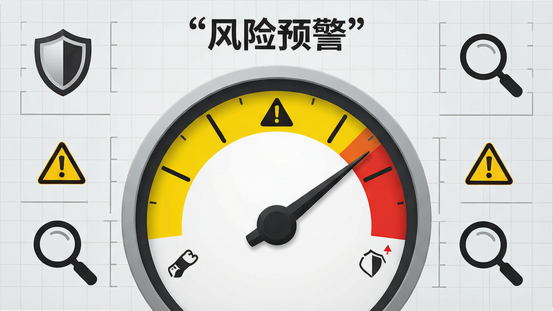 风险预警仪表盘界面设计图,圆形仪表盘指针指向黄色警示区,周围环绕盾牌图标和放大镜图标,背景为浅灰色网格,布局紧凑,风格严谨专业,细节处有警示符号,画质高保真,干净利落,文字“风险预警”加引号