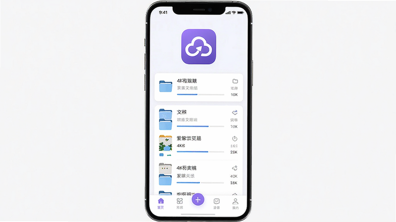 主体为紫菜云APP的高清界面展示,布局采用中心对称式,顶部显示软件Logo,中间为文件列表卡片,底部为功能导航栏,风格为现代扁平化设计,细节包含清晰的文件夹图标和进度条,画质4k高清,干净无多余元素