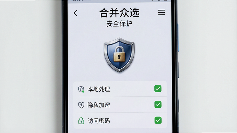����Ϊ��׿�ֻ���Ļ����ʾ���ϲ���ѡ��APP�İ�ȫ����ҳ�棬������һ������ͼ�꣬�·��г������ش���������˽���ܡ����������롯����ѡ�����ѡ�У����־��жԳƣ��Ű��Ͻ���������ؿ��ţ�ϸ��չ������ͼ���ʸУ������������ɾ����������֡��ϲ���ѡ������ȫ����������