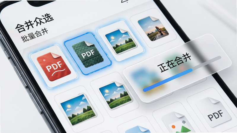 ����Ϊ��׿�ֻ���Ļ��д��չʾ���ϲ���ѡ��APP���ļ�ѡ����棬���PDF��ͼƬ�ļ�������ѡ�У��Ҳ�����һ����͸���ġ����ںϲ��������������ֽ��������Ű����������Ƽ���ǿ��ϸ��չ���ļ�ͼ�����������ʸ��壬�ɾ����������֡��ϲ���ѡ���������ϲ�������