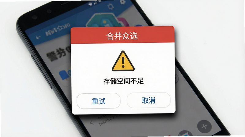 ����Ϊ��׿�ֻ���Ļ����ʾ���ϲ���ѡ��APP�Ĵ�����ʾ�������м�Ϊһ����ɫ��������ͼ�꣬�·����֡��洢�ռ䲻�㡯���ײ��С����ԡ��͡�ȡ������ť�����־��У��Ű����������ʾ��ǿ��ϸ�����ֵ�����ӰЧ�������ʸ��壬�ɾ����������֡��ϲ���ѡ�������桯����
