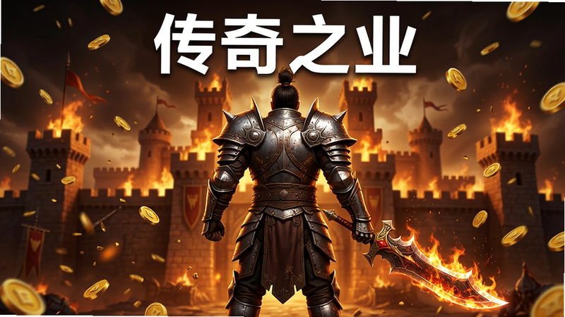 主体为《传奇之业》手游的高清全景宣传图,布局采用中心对称式,画面中央是身穿重型铠甲、手持发光的屠龙刀的战士背影,背景是燃烧的沙巴克城堡与漫天飞舞的金币特效,排版简洁大气,风格为写实游戏CG渲染,细节丰富展现铠甲金属质感与火焰粒子效果,画质8K高清,干净无多余元素,图片上方居中显示白色粗体文字
