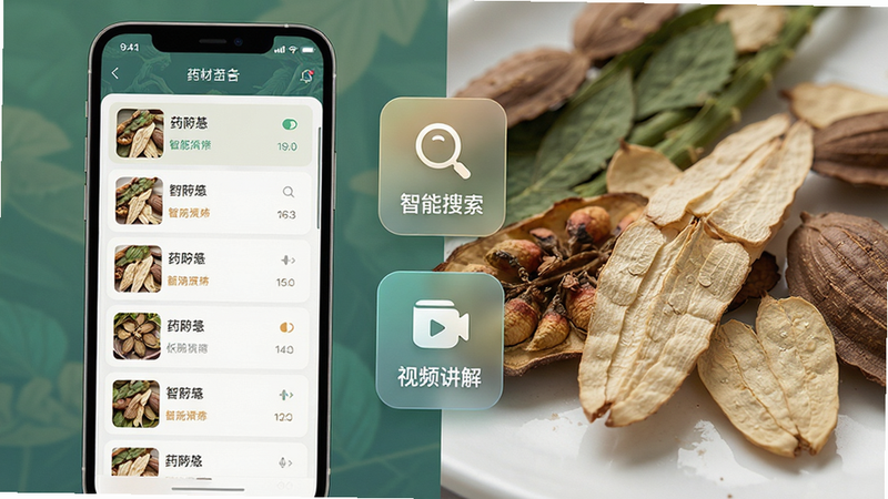 һ��APP���ܽ���չʾͼ�����Ϊҩ���б����Ҳ�Ϊ����ҩ����д���м�������'��������'��'��Ƶ����'��ͼ�꣬������Ƽ����봫ͳ�Ļ���ϣ�ɫ����ͣ����ֽ�������ϸ�ھ��£����ʸ��壬�ɾ����޶���Ԫ��