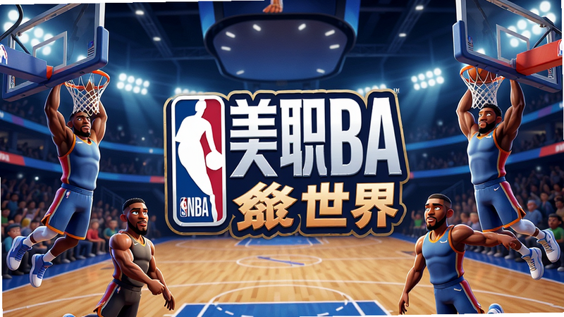 一张高质量的游戏宣传图,主体为《美职篮篮球世界》的标志性Logo居中显示,背景是现代化的NBA球场全景,灯光璀璨,前景有几位卡通化但肌肉线条明显的篮球运动员正在做扣篮动作,色彩鲜艳,动感十足,布局平衡,排版整洁,风格为现代电竞海报风,细节丰富,画质清晰,无多余元素,干净,无水印