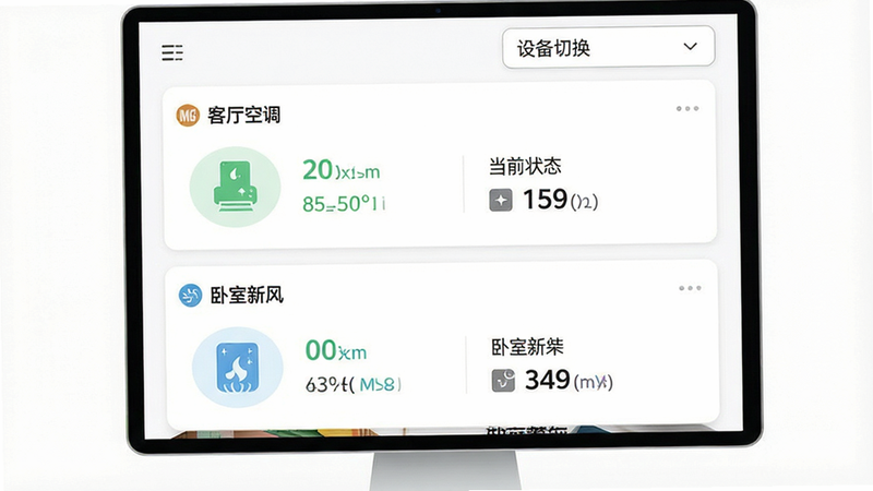 MG Home���豸��������չʾ����Ļ��Ϊ���������֣��ϰ벿����ʾ�������յ���״̬��Ƭ���°벿����ʾ�������·硱״̬��Ƭ��ÿ����Ƭ�����豸���ơ���ǰ״̬ͼ��͹ؼ����������涥�����豸�л������˵�������Ϊ����ɫ��ͻ��UI��Ƶ����������򡣷���ƽ����ɫ�����£�ϸ�ھ��£�������Ⱦ