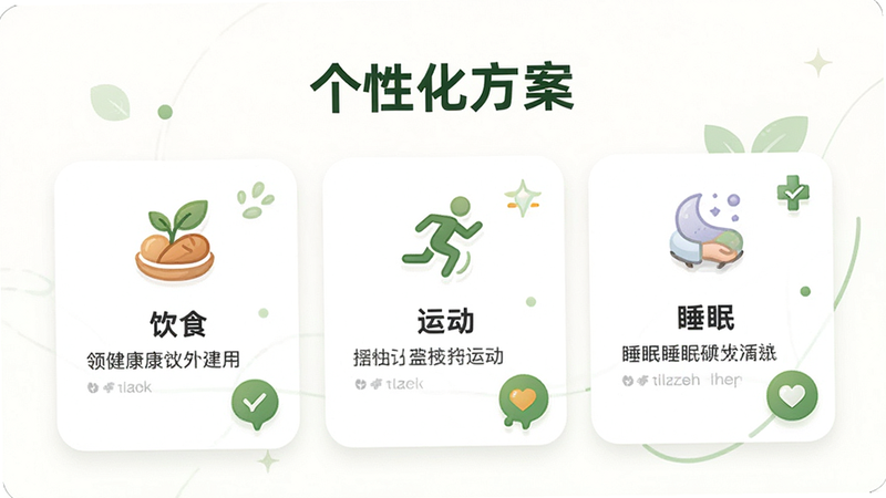����Ϊ�콡�ÿ�APP�ĸ��Ի�������棬����Ϊ��Ƭʽ���У�չʾ��ʳ���˶���˯������ģ���ͼ��ͽ������֣������ܰ�Ѻã�ϸ�ڴ�����ɫ����Ԫ�ص�׺�������������ɾ��޶���Ԫ�أ����֡����Ի������������ɼ�