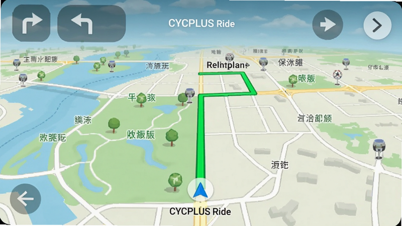 CYCPLUS Ride�ĵ������棬��ͼ������һ����Ŀ����ɫ�Ƽ�·�ߣ���Χ��ע�Ź�԰�͵�·���ƣ������м���ת���ͷͼ�꣬���廭��������ǿ��������Ȼ��